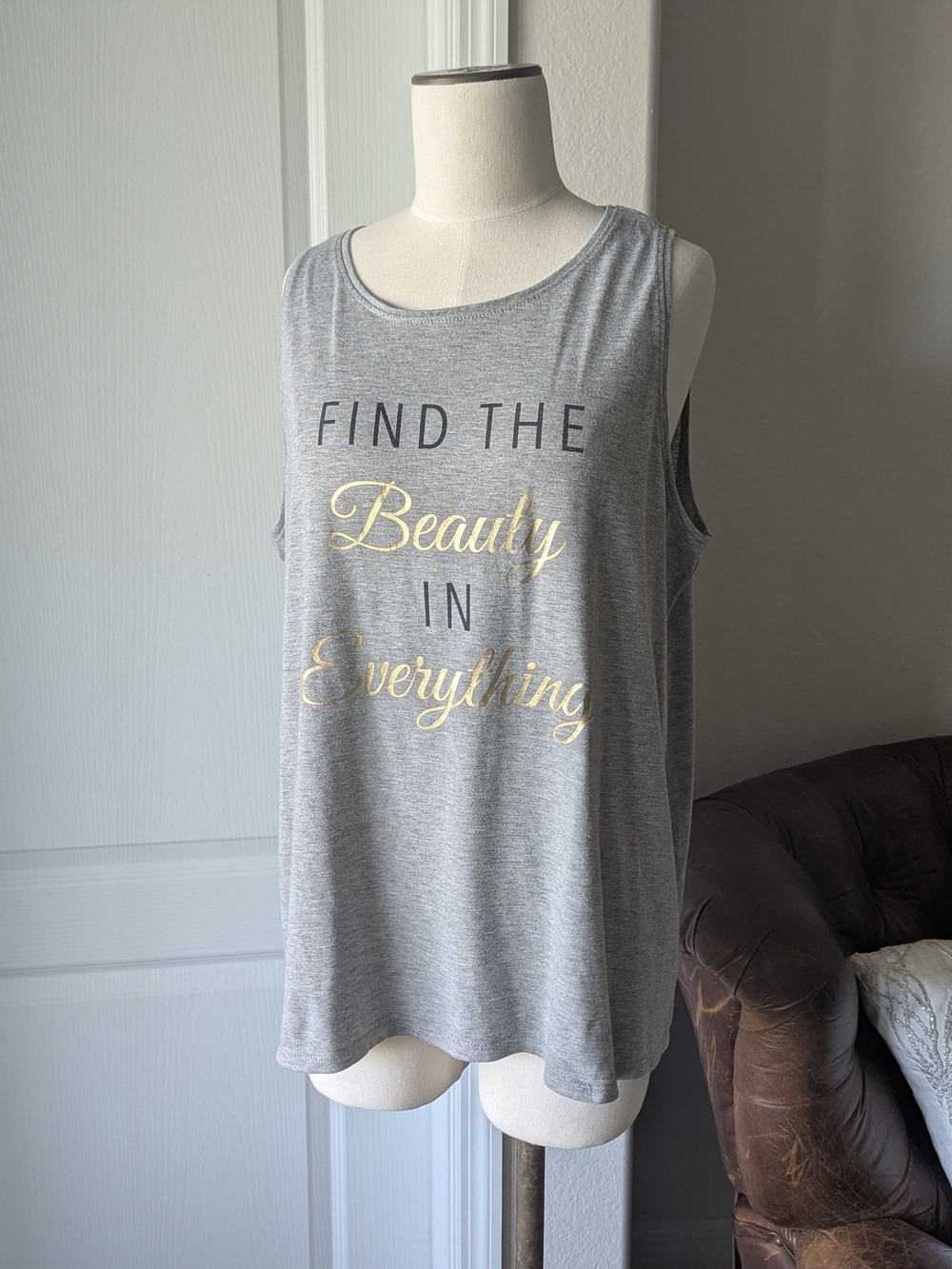 Gray Graphic Tank Top with Gold Script - Find the Beauty